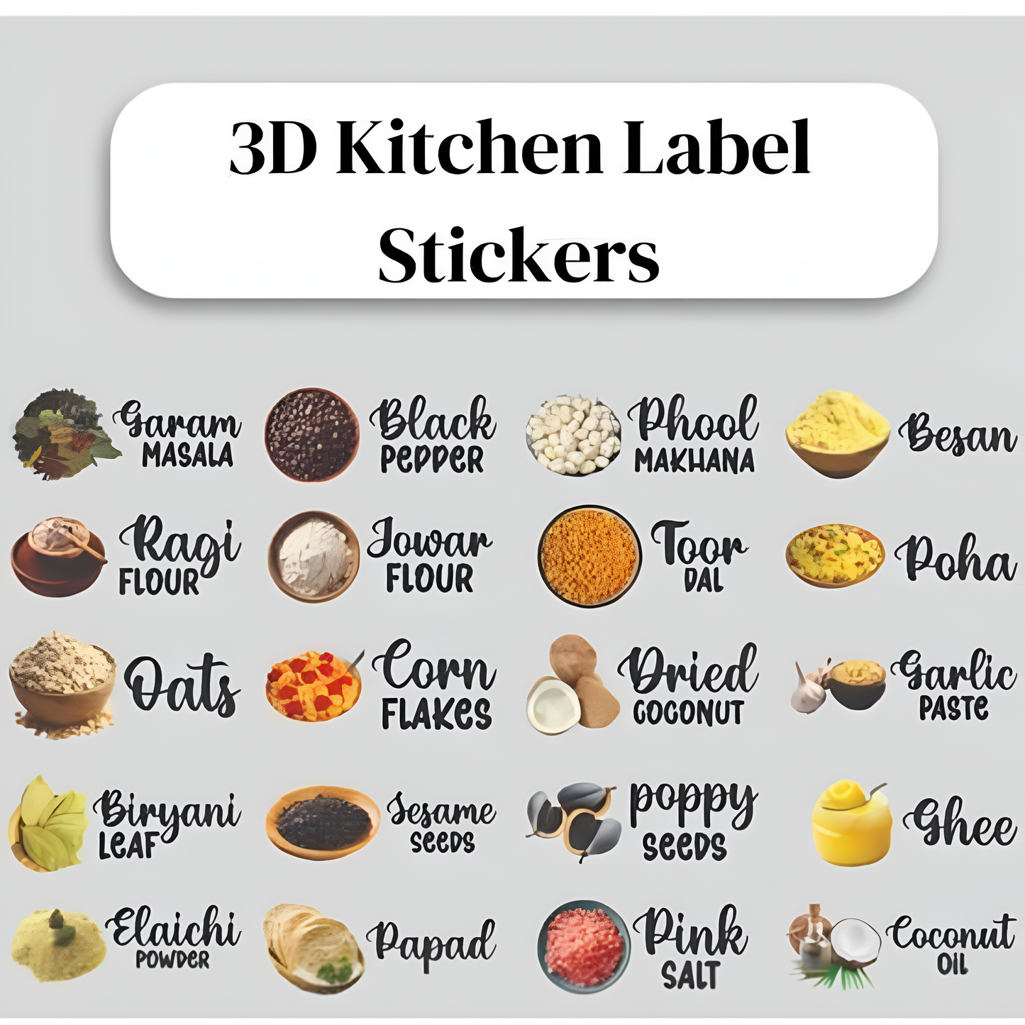 3D Waterproof Kitchen Spice Jar Label Stickers (Pack of 1 - 60 Stickers)