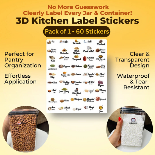 3D Waterproof Kitchen Spice Jar Label Stickers (Pack of 1 - 60 Stickers)